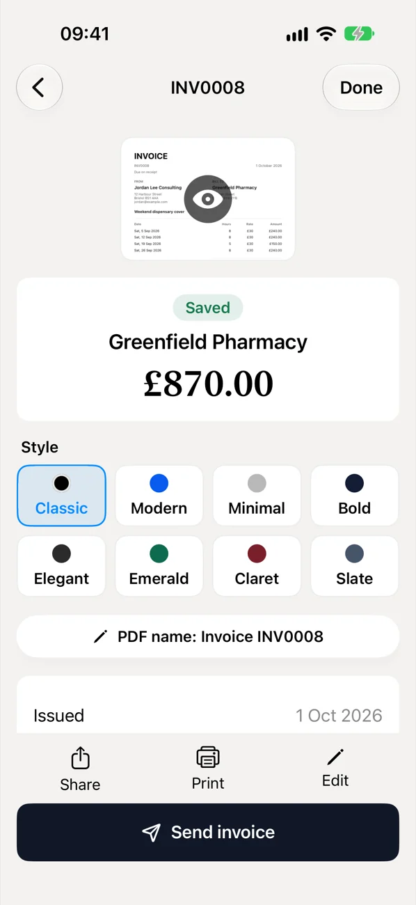 A finished £870 invoice ready to send
